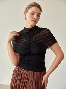 MOTF PREMIUM PLUS SIZE ELEGANT SHEER MESH PLEATED T-SHIRT - Black - View 5