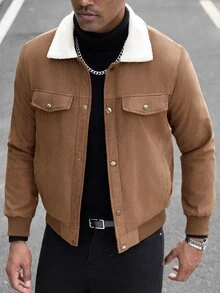 Manfinity CasualCool Jaket Pria Bahan Suede Imitasi, Kerah Bulu Domba Imitasi, Ujung dan Manset Bergaris, Kancing Depan, Kasual, untuk Perjalanan, Kantor, Pakaian Luar Musim Gugur/Dingin - Coklat - View 4