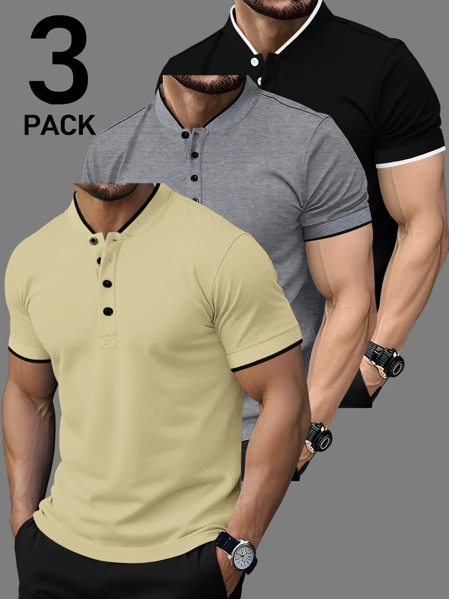 Manfinity Homme Men's 3pcs Casual Commuting Polo Shirt With Contrast Trim , Summer, Formal - Multicolor - View 1