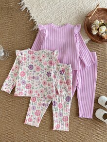 SHEIN 2 Sets Toddler Girl Top And Pants Sweet Pink Lavender Floral Ruffle Ribbed Long Sleeve Crew Neck Regular Holiday Party Spring - Purple - View 2