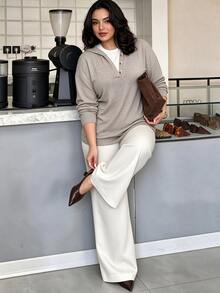 Easura Plus Size Women's 2 In 1 Patchwork Casual Daily Hooded T-Shirt - Apricot - View 1