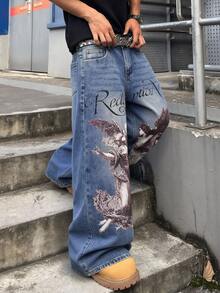 GALLERY FADE 男士復古淺色水洗哥德天使圖案印花寬腿牛仔褲 Y2K街頭風 派對度假海灘休閒寬鬆長褲 秋冬款 - 藍色 - 查看 4