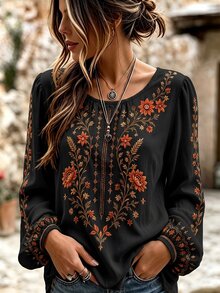 Selamara 女款花卉刺繡圓領長袖休閒襯衫 - 彩色 - 查看 3