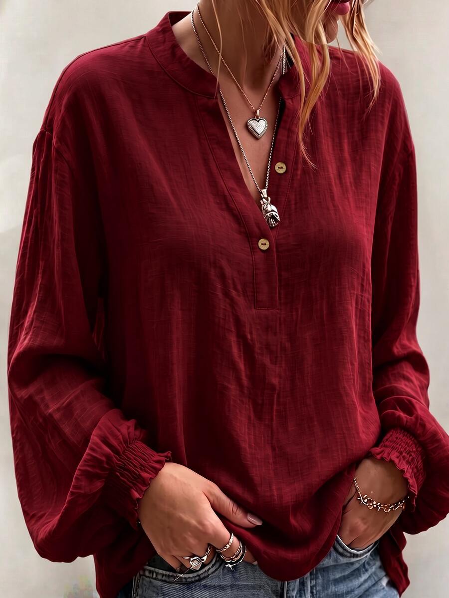 EMERY ROSE Áo blouse nữ size lớn cổ chữ V thoải mái, phong cách thường ngày đa năng, tay dài tay lồng đèn, mặc hàng ngày, xuân/thu - Màu Đỏ Sâu - Xem 1