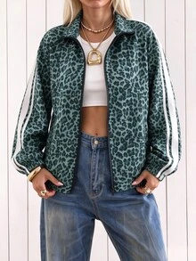 SHEIN EZwear 女款豹紋撞色休閒日常長袖夾克 - 綠色 - 查看 5