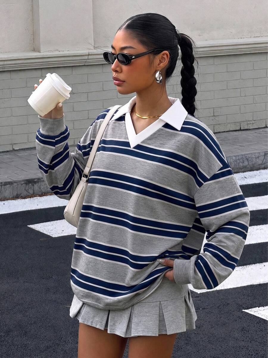 Muchica Women's Striped Casual Daily Long Sleeve Sweatshirt - Multicolor - View 1