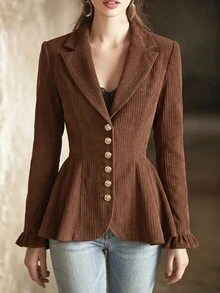 SHEIN Women's Regular Long Sleeve Blazer, Lapel Collar, Corduroy Ribbed Fabric, Ruffle Hem. With Lining Design, Ruffle Cuff Design. Novel And Fashionable, Elegant, Street Style, Sexy, Party, Date, Gathering, Dinner, Commute. - Coffee Brown - View 1