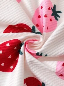 SHEIN Playful Pals 女童 2 件組可愛草莓印花羅紋連帽長袖上衣與純紅色內搭褲套裝，甜美風 - 紅色 - 查看 9