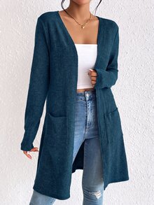 SHEIN Essnce 雙口袋開襟外套（不含內搭背心），女款冬季休閒口袋常規袖寬鬆素色外套，日常休閒穿著 - 水鴨藍 - 查看 3