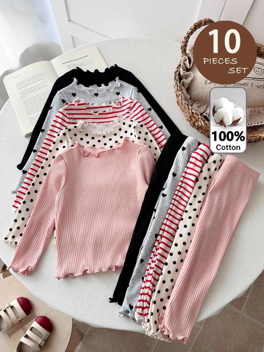 Kids 10pcs/Set Young Girl Knit Solid Color Polka Dot Striped Heart Pattern Ruffle Trim T-Shirt And Long Pants 10pcs -Piece Set - Multicolor - View 1
