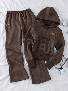 SHEIN Tween Girl 童女復古印花連帽運動套裝，短版拉鍊連帽外套 + 喇叭褲，休閒兩件式套裝，適合春季、秋季、冬季 - 咖啡棕 - 查看 7