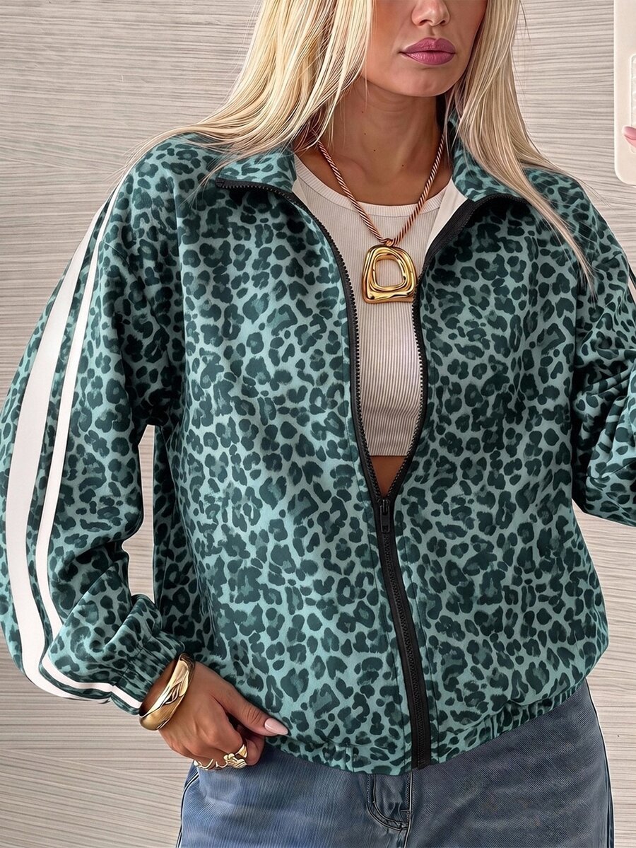 SHEIN EZwear 女款豹紋撞色休閒日常長袖夾克 - 綠色 - 查看 1