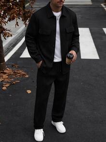 Manfinity CasualCool 男士針織紋理前開扣設計 白色經典百搭秋冬休閒夾克 2件套 - 黑色 - 查看 1