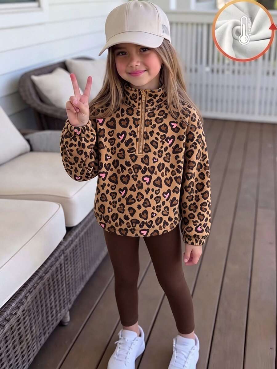Girls 2 Pieces Set, New Autumn/Winter Brown Leopard Print Half-Zip Stand Collar Sweatshirt With Curved Hem And Elastic Waist Leggings, Sweet Casual Style - Multicolor - View 1