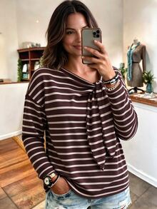 Weeklong 2026 New Round Neck Tie-Up Knit Loose Long Sleeve T-Shirt, Casual Fashion T-Shirt For Daily Wear And Afternoon Tea Fall - Multicolor - View 7
