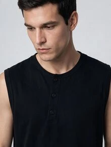 TekDrob Anti-Odor & 4-Way Stretch Modal Henley Tank Top With Soft Touch - Black - View 4