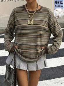 SHEIN EZwear 95%棉女款休閒寬鬆長袖T恤，條紋T恤，女款秋冬服飾，復古，2000年代風格，Y2K，女款通勤穿搭，性感，鄉村風，時尚，基礎款，女款西式風格穿搭，度假穿搭 - 彩色 - 查看 7