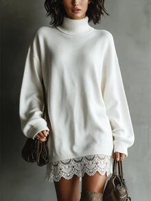 SHEIN Đầm len dệt kim viền ren ở gấu - trắng - Xem 3