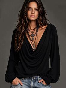 MYSTAURA Women's Solid Color V-Neck Pleated Casual Daily Wear Top - Black - View 5