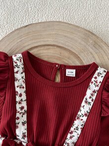 SHEIN Playful Pals 2件組女嬰連身衣與護腿襪套裝，甜美酒紅花卉蝴蝶結荷葉邊羅紋長袖圓領公主風休閒秋季假日款 - 酒紅色 - 查看 6