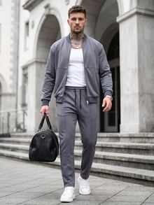 Manfinity CasualCool Men's Colorblock Baseball Collar Long Sleeve Jacket And Pants Casual Daily Set - Dark Grey - View 1