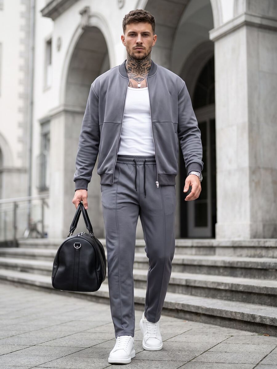 Manfinity CasualCool Men's Colorblock Baseball Collar Long Sleeve Jacket And Pants Casual Daily Set - Dark Grey - View 1