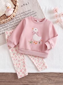 SHEIN 嬰兒幼兒休閒日常可愛運動衫套裝，附3D鉤編花朵、粉色花朵印花、清爽俏皮上衣、針織內搭褲，女嬰秋季服飾 - 淺粉色 - 查看 1
