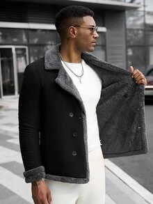 Manfinity CasualCool Jaket Wol Kasual Longgar Berkerah Lebar Kancing Ganda Warna Hitam Suede Fleece untuk Pria - Hitam - View 7