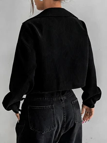 SHEIN PETITE 女款短版鈕扣長袖夾克，時尚百搭 - 黑色 - 查看 2