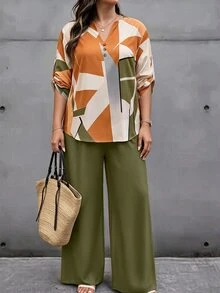 Weeklong Women's Plus Size Notched Collar Button-Up Top And Bottom 2-Piece Set With Floral Print And Solid Color Contrast Plant Print, Random Print - Multicolor - View 3