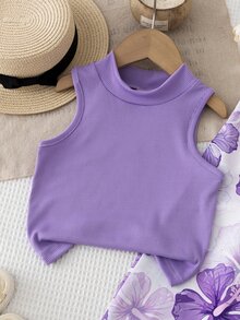 SHEIN Genkimix Kids 少女 2 件套：紫色半高領無袖背心上衣與印花寬腿長褲，適合海灘度假、短途旅行與日常散步的休閒穿搭 - 紫色 - 查看 7
