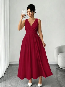 Elenzga 大尺碼白色抓皺無袖後背抓皺收腰喇叭裙擺中長洋裝 - 酒紅色 - 查看 4