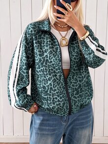 SHEIN EZwear 女款豹紋撞色休閒日常長袖夾克 - 綠色 - 查看 3
