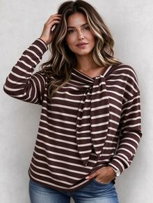 Weeklong 2026 New Round Neck Tie-Up Knit Loose Long Sleeve T-Shirt, Casual Fashion T-Shirt For Daily Wear And Afternoon Tea Fall - Multicolor - View 6