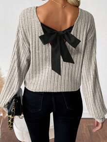 Weeklong Plus Size Women Heather Grey Ribbed Knit V-Neck Long Sleeve Top, Back Cutout With Black Satin Bow Decor,Relaxed Drop Shoulder Casual Daily Sweater Tee - Light Grey - View 6