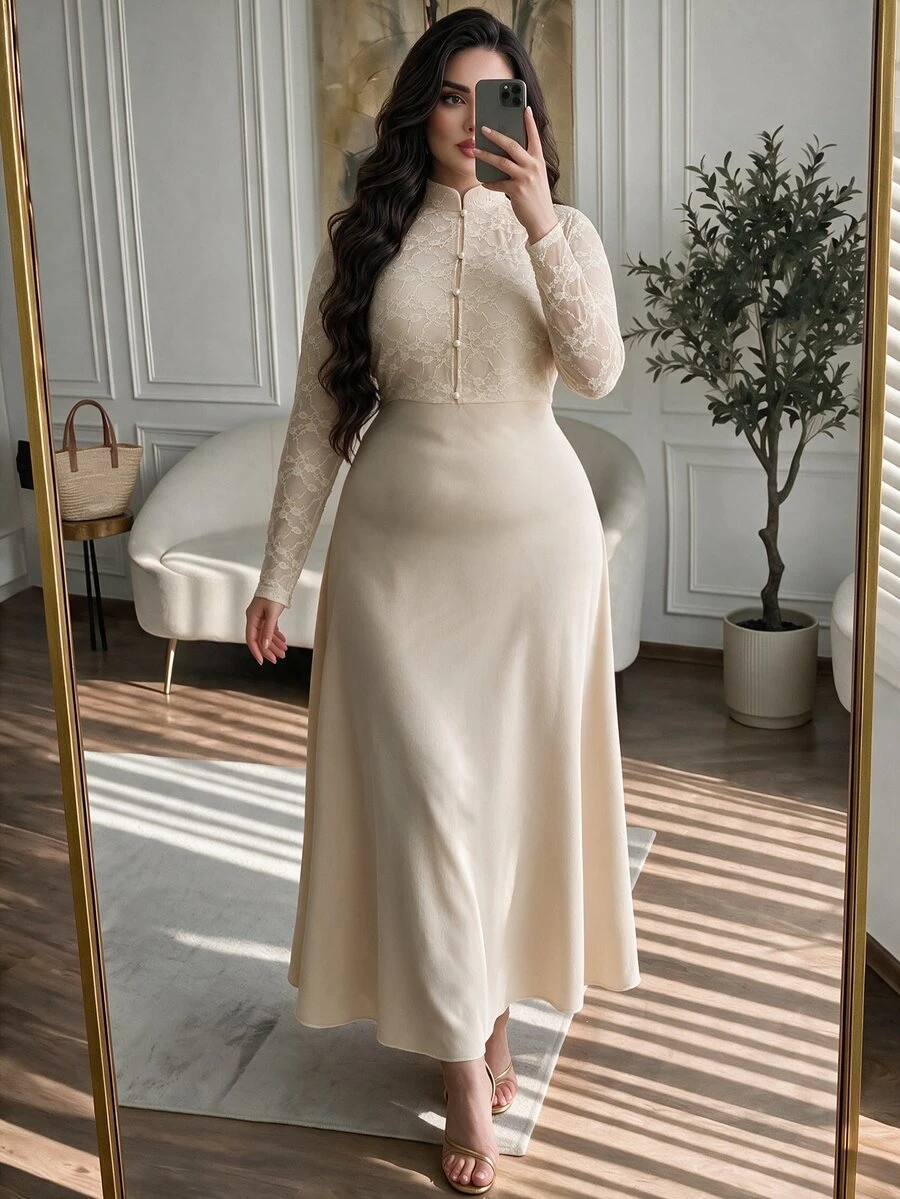 Modelyn Plus Size Women's Apricot Knit With Apricot Lace Trim Button Cinched Waist A-Line Elegant Romantic Dress - Apricot - View 1