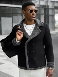 Manfinity CasualCool Jaket Wol Kasual Longgar Berkerah Lebar Kancing Ganda Warna Hitam Suede Fleece untuk Pria - Hitam - View 1
