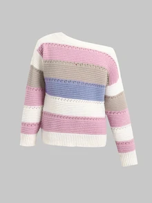 SHEIN Tween女孩休閒彩色條紋露肩寬鬆蝙蝠袖長袖針織衫，秋冬返校季 - 彩色 - 查看 2