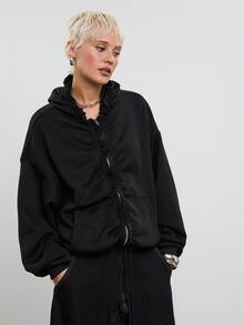 COUREZ Oversized Zip Front Ruched Sweatshirt / Y2K Sweats Sweatshirt Back Top School Fall Clothes For Women Autumn Outfits Women Fall Tops Winter Clothes Women - Black - View 6