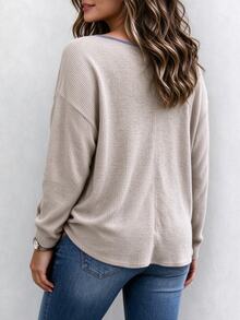Weeklong Plus Size DenimLook Tie Collar Ribbed Brushed Casual Long Sleeve Top - Grey - View 2