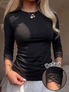 SHEIN EZwear 女款休閒圓領七分袖修身T恤，Y2K風格，復古 - 黑色 - 查看 2