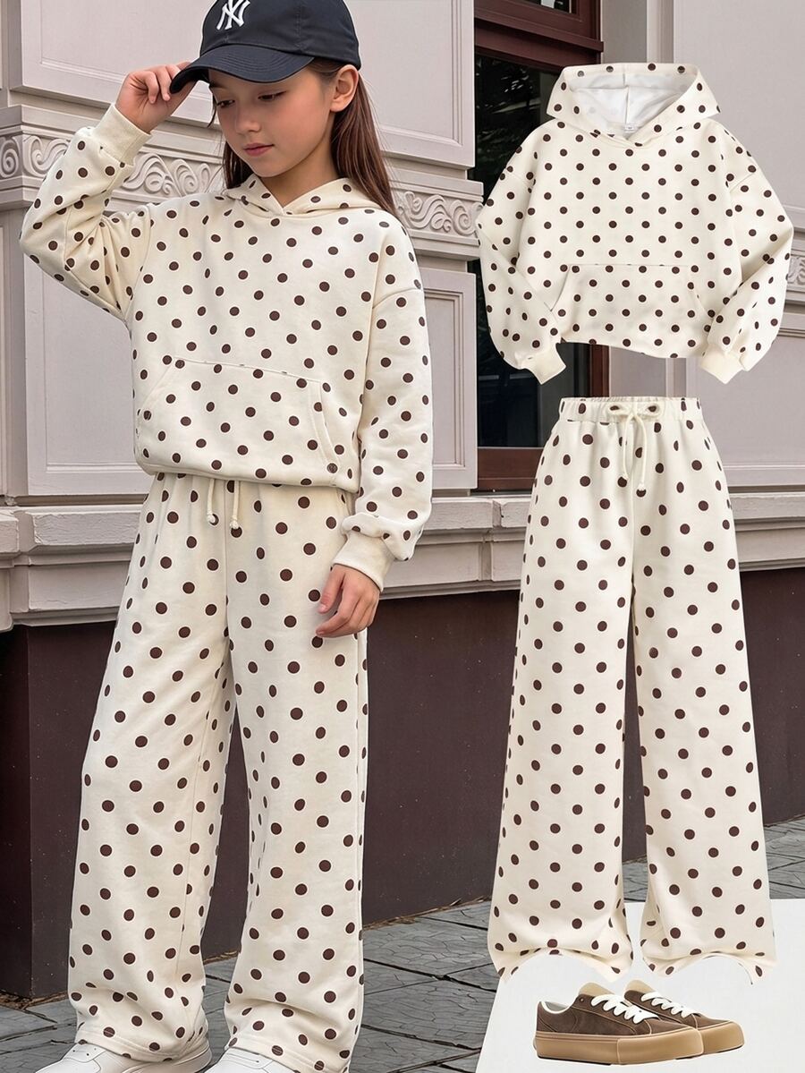 SHEIN 青少年女孩休閒波點印花連帽寬鬆衛衣與運動褲2件套，秋冬款 - 黃色 - 查看 1