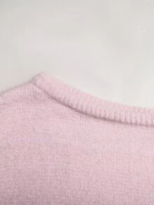 SHEIN 青少年女孩寬鬆不對稱肩長袖純色粉色針織上衣，適合情人節、春季海灘度假、秋季穿著 - 粉色 - 查看 4