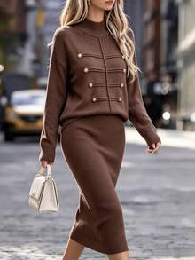 Cévolie Women's Solid Color Long Sleeve Top And Skirt Knit Set - Coffee Brown - View 6