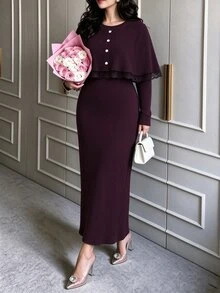 Modelyn Dark Red Pullover Top With Long Sleeve Fitted Dress, Elegant Fashionable Lady Style, Romantic Lace Patchwork, Versatile Plus Size 2 Pieces Set - Red Violet - View 3