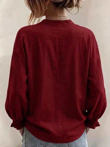 EMERY ROSE Plus Size Women's V-Neck Comfortable Casual Versatile Long Sleeve Lantern Sleeve Daily Wear Blouse, Spring/Autumn - Burgundy - View 2