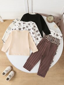 SHEIN 3套女嬰兒童休閒時尚豹紋蝴蝶、英文字母、印花條紋長袖柔軟3件套上衣與長褲，適合日常穿著，秋冬春季 - 黑色 - 查看 2