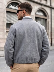 Manfinity CasualCool Men's Gray Loose Fit Dropped Shoulder Metal Zipper Multi-Pocket Thickened Casual Versatile Wool Blend Jacket - Grey - View 2
