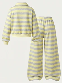 SHEIN 青少年女孩長袖抓絨秋季套裝 2件/套 返校季 酒紅色紐約字母圖案立領衛衣與長褲套裝 - 黃色 - 查看 2