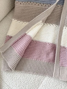 SHEIN Tween Girl Tween Girl Kids White School Back-To-School Color Block Knit Color Cardigan, Autumn Winter Long Sleeve Tween Girl Sweater, Back To School - Multicolor - View 8